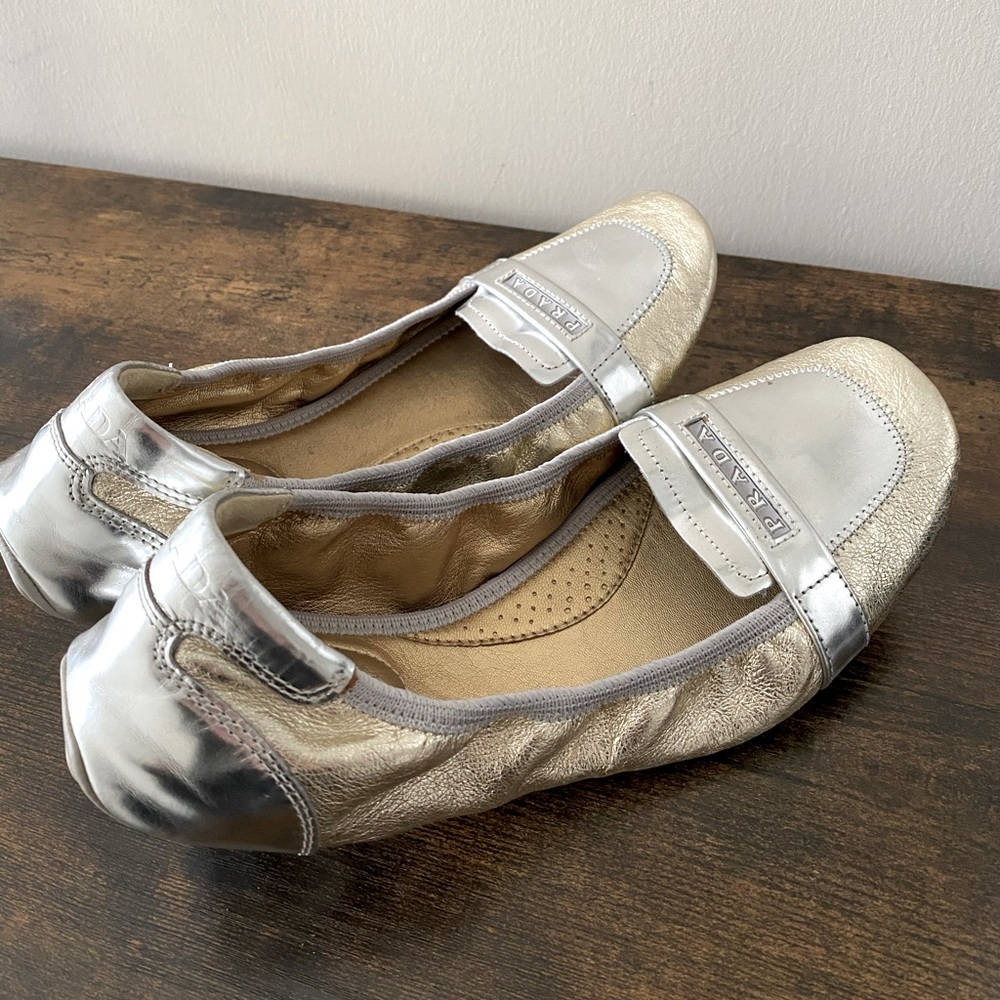 Prada Silver and Gold Flats